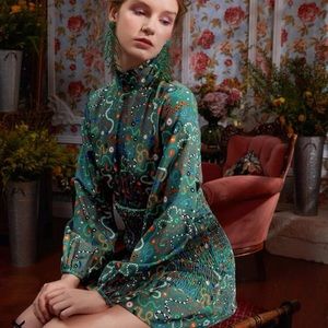 Mock neck printed elastic waist dress